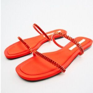 Zara Orange Rhinestone Flat Sandals Shoes Size 7.5